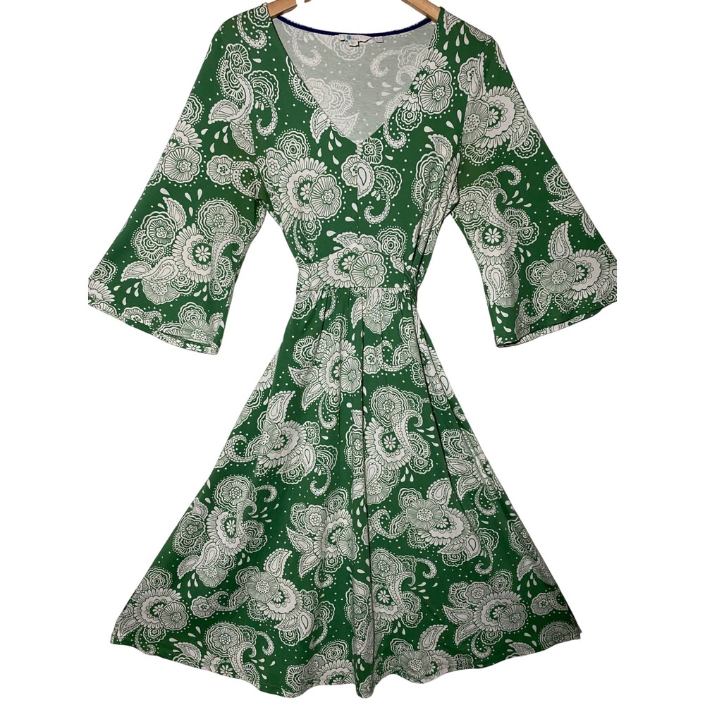 BODEN Quiet Luxury Green Paisley Trumpet Sleeve Tie Waist Midi Dress Soft Girl - Picture 2 of 14